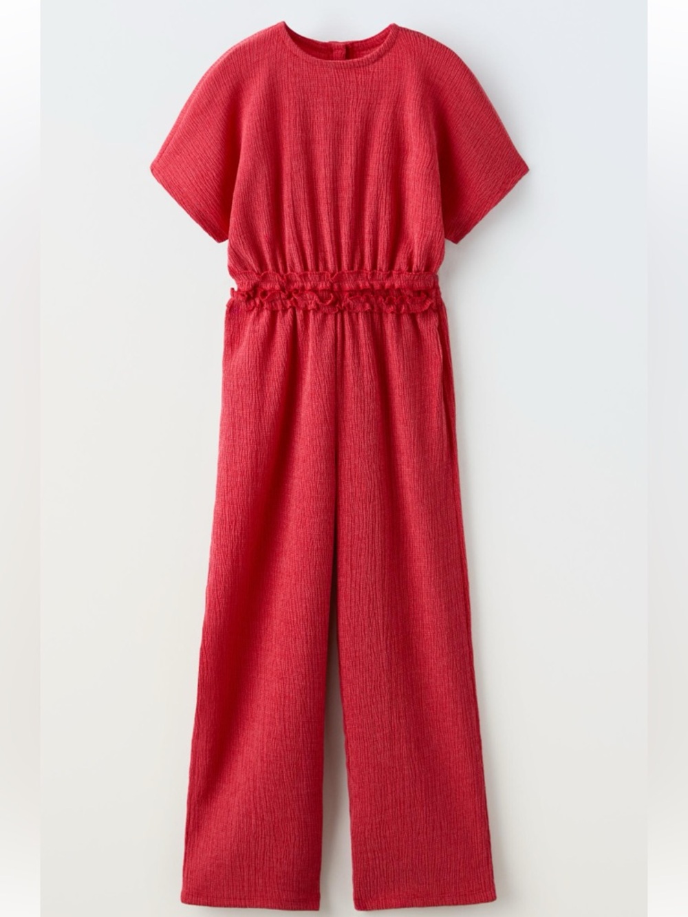 Zara Bright Red Textured Jumpsuit with Smocked Waist
